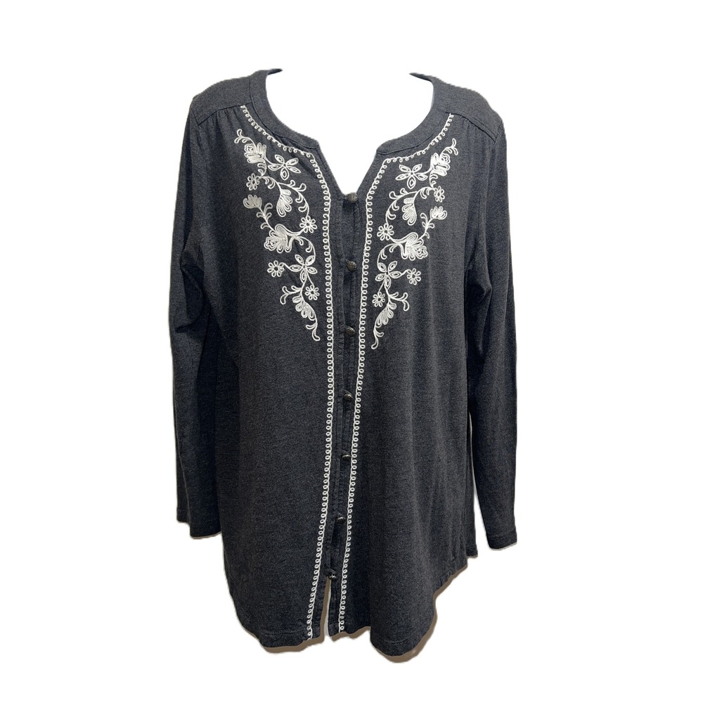 Casual Elegance J. Jill Button-down Gray Cardigan w/Floral Embroidery Women's L